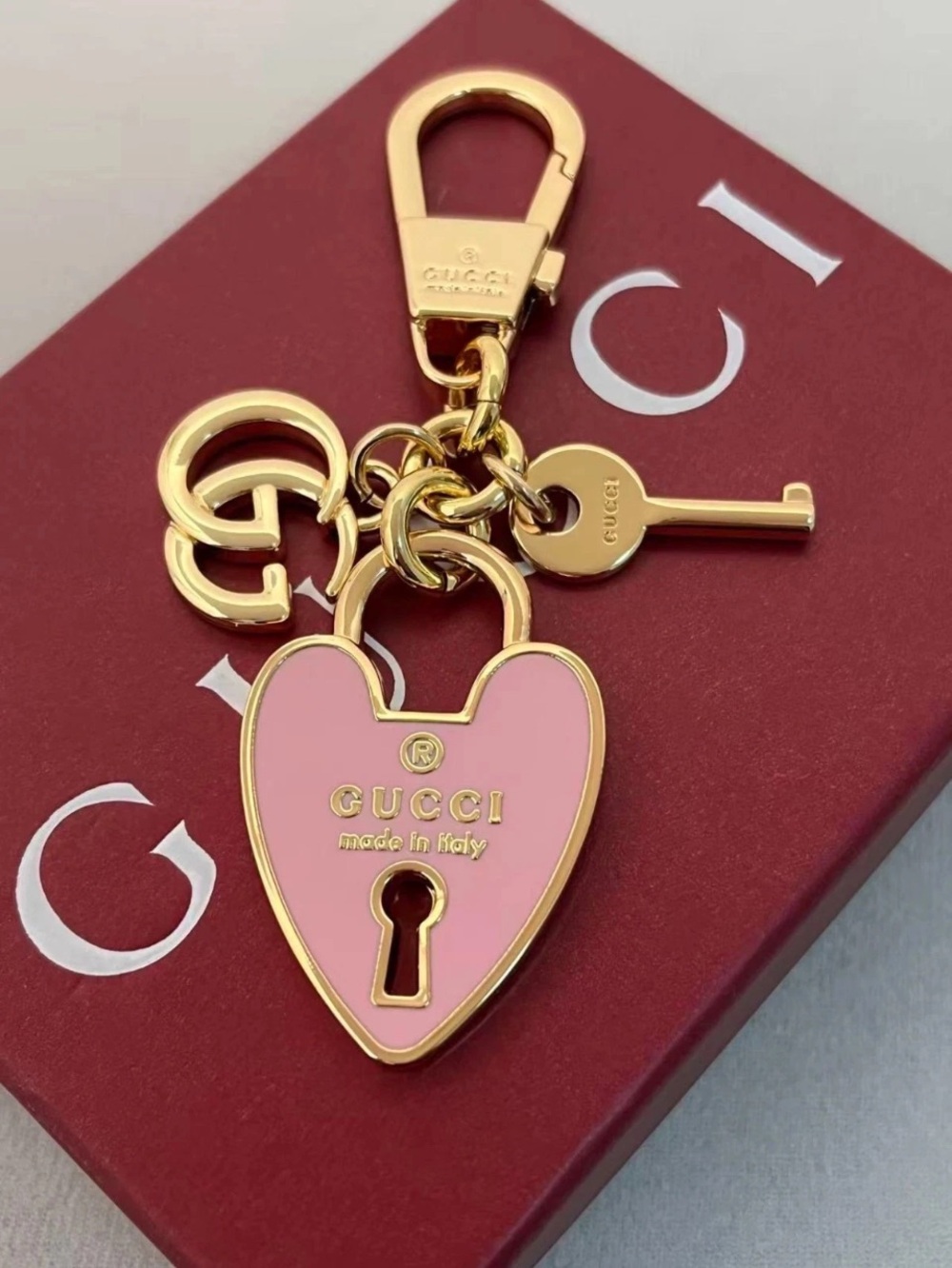 Gucci Pink Enamel Heart Lock Key Charm Keychain NWT
